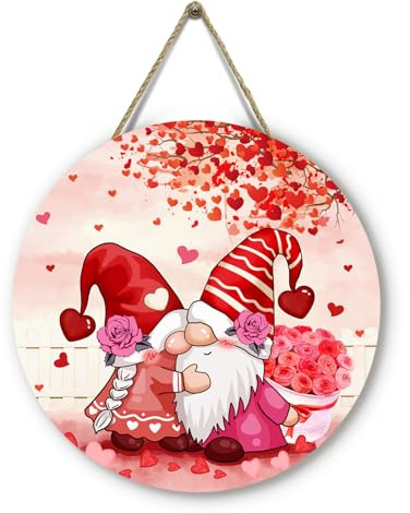 Dacawin Valentinstag-Zwerge, Türschild, rote Herzen, Rose, Türhänger, Valentinstag, Holz, Veranda, Wandschild, Jahrestag, Hochzeit, Urlaub, Haus, Garten, hängende Dekorationen