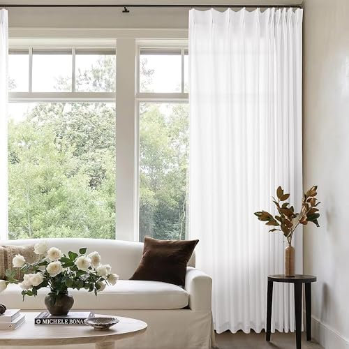 Ivory White Pinch Pleat Linen 120 Inch Curtains for Patio Sliding Door 72 Inch Width Cream Birch Light Filtering Semi Sheer Pleated Drapes Cotton Extra Wide 72x120 Curtain Panels for Living Room