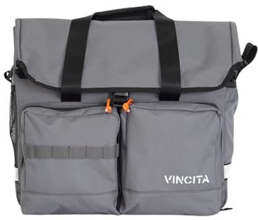 Vincita Große graue Minimal-Fahrradtasche für Brompton-Faltrad – mit abnehmbarem Schultergurt, Regenschutz, Laptopfach, erweiterbares Top-Design, wasserabweisend, Rahmenhalterung, Reißverschluss