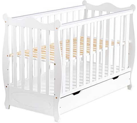 moto-MOLTICO Gitterbett Babybett 2in1 60x120 mit Schublade Schlupfsprossen und Lattenrost Höhenverstellbar Umbaubar zum Juniorbett für Mädchen und Junge - Weiß