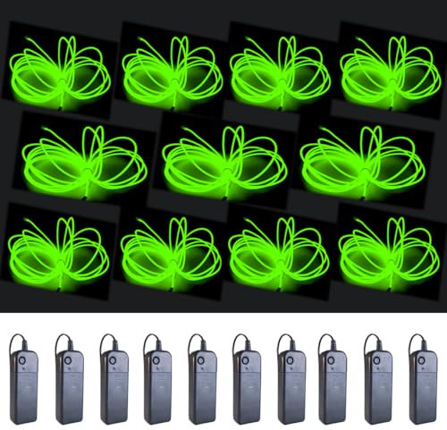 MaxLax EL Wire Fluorescent Green 10-Pack, 16.4ft/5m Neon Light Wire with Noise Reduction and Battery Pack…