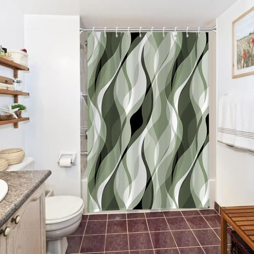 Uiiooazy Duschvorhang Grün, Duschvorhang 150x180cm Anti Schimmel Olive Grün Gestreift Gradient Streifen Duschvorhänge Stoff Waschbar Wasserdicht Polyester Bad Vorhang mit 10 Haken für Badezimmer
