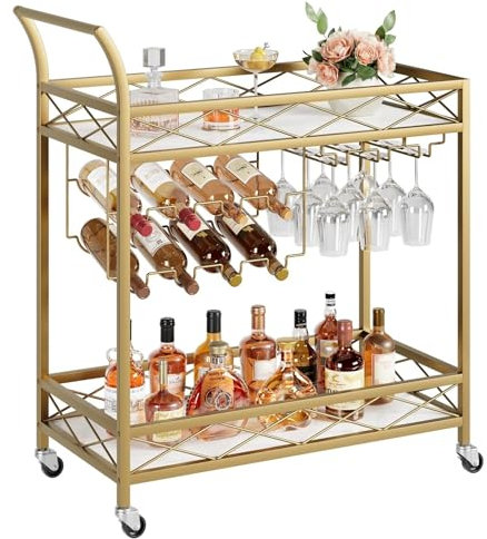 MNEVZX küchenregal 2-stöckiger Barwagen für Zuhause, Holzregal mit weißem Marmor-Finish, Weinregal und Glashalter für die Küche Servicewagen