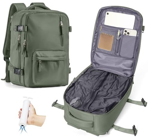 Sac à Dos de Voyage sous Vide avec Pompe - 40x20x25 cm (Ryanair Cabine) - Sac à Dos Cabine pour Avion avec Compartiment PC 17 Pouces - Imperméable - Bagage à Main Homme et Femme Vert