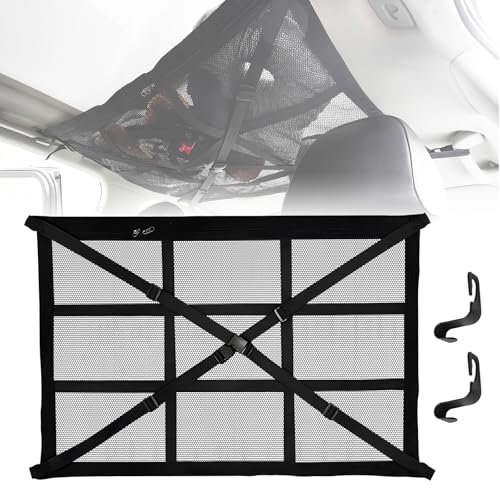 Gepäcknetz Auto, Auto Camping Zubehör, Gepäcknetz Wohnmobil Autodach, 90 × 65 cm Aufbewahrungsnetz mit 1 unabhängige Reißverschlusstaschen 2 Haken und Verstellbare Kreuzgurte, für Vier Dacharmlehnen