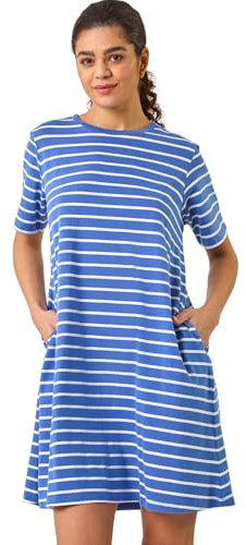 Roman Originals Women Long Sleeve Swing Dress - Ladies Autumn Winter Smart Casual Everyday Checkered Print Round Neck Stretch Comfortable Jersey Dresses - Blue Stripe - Size 14