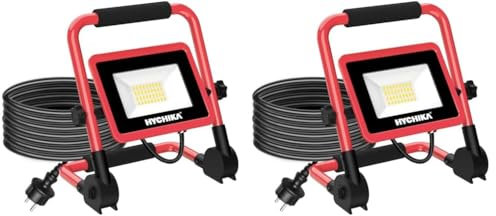 HYCHIKA LED Baustrahler 30W, Baustellen Strahler 3500 LM 6500K kaltweiß, IP65 Wasserdicht, Tragbare Arbeitsleuchte, Arbeitsbeleuchtung mit 2m Netzkabel und Stecker (Packung mit 2)