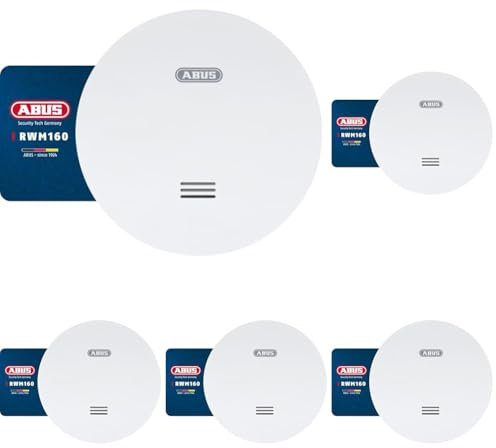 ABUS Flacher Rauchmelder RWM160 - mit 10-Jahres-Batterie - Q-Label und DIN EN 14604 geprüft - Blinken bei Nacht reduziert - Weiß (Packung mit 5)