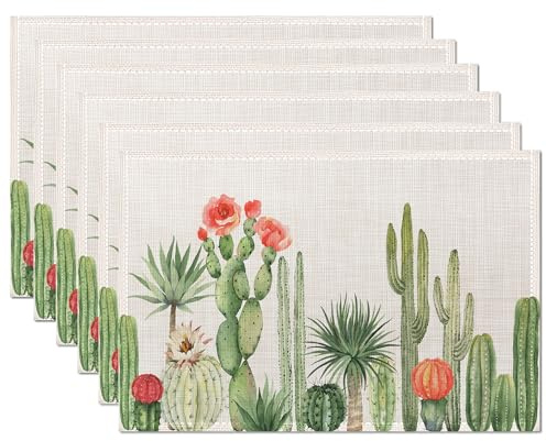 Cactus Plant Watercolor Style Placemats Set of 6,Table Mats Non-Slip Heat Resistant Washable Placemat for Party Kitchen Dining Table Decoration Indoor Outdoor