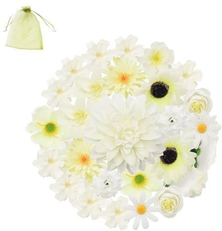 Auptiz 32 Stücke Kunstblumen zum Basteln, Künstliche Blumenköpfe Weiß Deko, Mini Deko Blumen Seidenblumen Köpfe Mix für DIY Basteln Scrapbooking Hochzeit Party Haus Garten Dekor (Weiß)