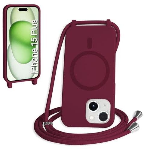 FMPCUON Magnétique Coque avec Cordon pour iPhone 15 Plus, [Compatible avec MagSafe] Etui Collier Réglable Téléphone Étui Portable Lanyard Case Protection Complète Cover,Rouge