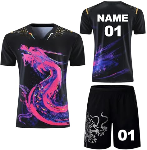 PSKJHN Individuelles Tischtennis Outfit Set Mit Namensdruck-Sport Shirt & Shorts Aus Polyester Für Herren, Damen-Personalisierung Logo, Nummer-Ideal Für Training Und WettkampfMen Black,M
