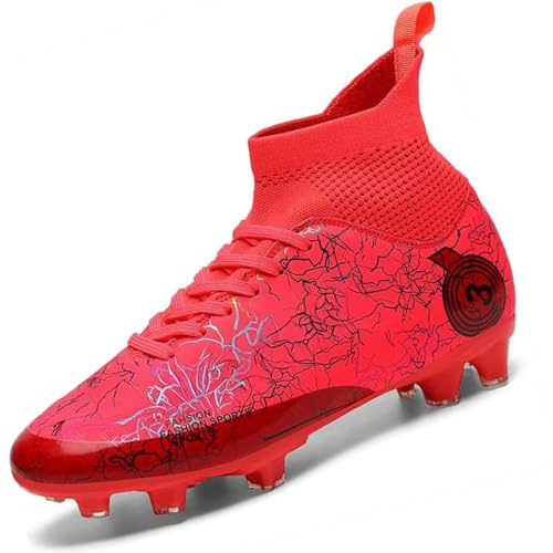 HODTOB Boys Football Boots Shoes Kids Girls Soccer Astro Turf High Top Spikes Non-Slip Junior Soccer Shoes Sports Athletics Training Shoes Outdoor Sneakers for Unisex Red 2.5UK