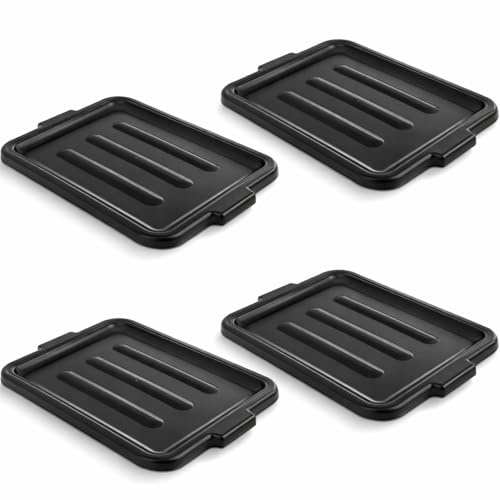 Lounsweer 4 Pack 20 x 15 Inch Black Wash Basin Tote Box Lid Carrying Case Cover Plastic with Double Built-in Handles for Dish Basins for Restaurants