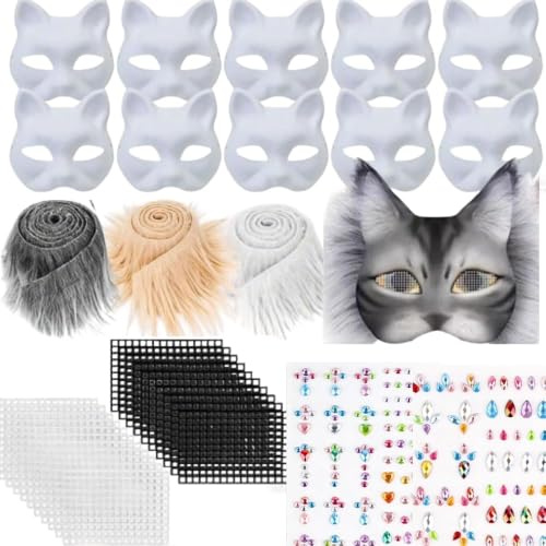 ASOUUNLD Katzenmasken zum Bemalen 10 Stück Weiße Papiermasken DIY Set | Papiermasken mit Fell, Aufklebern und Zubehör für Cosplay, Maskerade, Halloween, Bastelprojekte und Dekoration