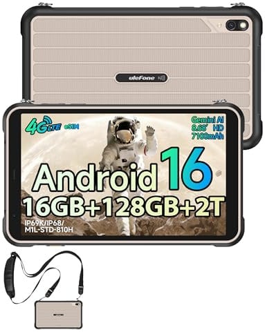 Ulefone RugKing Pad Pro Tablet Rugged Android 16 con Tracolla, 8.68 Pollici, 16GB RAM + 128GB ROM/2TB Tablet PC Robust 7100mAh, 16MP Camera, Tablet con Dual SIM 4G + eSIM/NFC/GPS/OTG/Face ID/Gemini AI
