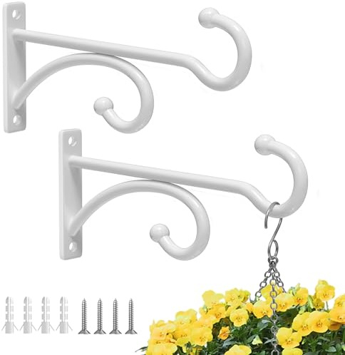 2 Pcs 15cm (6 Inches) Planter Hooks for Hanging Plants - Plant Hanger Hook Indoor Outdoor, Plant Wall Hooks, Brackets for Hanging Plants, Baskets, Wind Chime, Bird Feeder, Bird House (White, Metal)