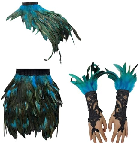hehiy Pfau Kostüm Damen Karnevalskostüm Vier Satz Retro Rock Feder Handschuhe für Schulter PfauShawls Klassischer Federrock Party Minirock Pfau Kostüm Festival OutfitTraditionelle Kleidung