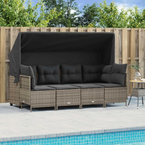 Kaloriko 5-TLG. Garten-Sofagarnitur Grau Poly Rattan, UV-beständig, mit Ausziehbarem Sonnendach, 4-Sitzer-Sofa, für Terrasse & Balkon