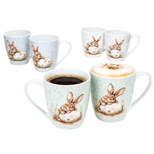 Ritzenhoff & Breker 6er Set Bunny Kaffeebecher I 300 ml, Ø 8,5 cm I je 2x Weiß, Grün & Blau I Porzellan I mit Hasen & Eier Dekor I frühlingshafte Osterbecher für Kaffee, Tee