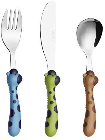 Exzact Cubertería Infantil 3 Pieza para niños de Acero Inoxidable - 1 x Cena Cuchillo, 1 x Cena Tenedor, 1 x Cena Cuchara - Jirafa (Jirafa x 3)