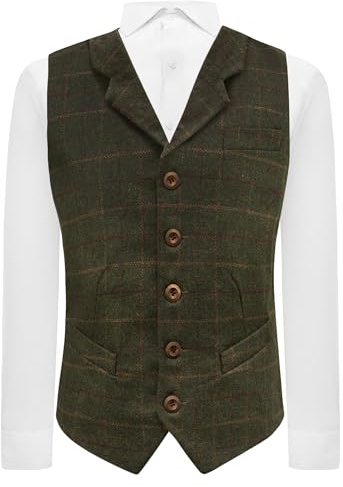 King & Priory Heritage Check Moss Green Waistcoat with Lapel-XL