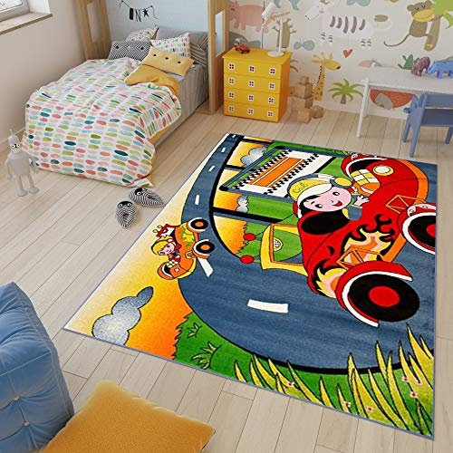 TAPISO Kinder Teppich Kurzflor Spielteppich Kinderteppich Auto Straße Autorennen Muster Grün Bunt Kinderzimmer ÖKOTEX 80 x 150 cm