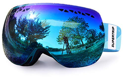 Supertrip Ski Goggles Men & Women Skiing Snowboard Goggles Over Glasses Interchangeable Lens UV400 Protection Anti-fog Snow Skate Goggles Gray Revo Ice Blue(VLT 28%)