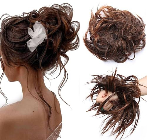 TESS Haarteil Dutt Haargummi mit Haaren Glatt struppige Haarknoten Hochsteckfrisuren günstig Haarverlängerung für Frauen 45g Kastanienbraun/Braun