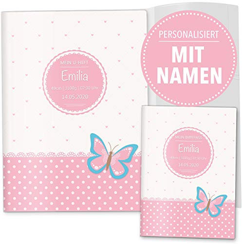 OLGS U-Heft Hülle 3-teilig Set rosa Herzchen Untersuchungsheft Hülle & Impfpasshülle schöne Geschenkidee mit Namen, Geburtsdatum (Uhefthülle, Impfpasshülle 3-teilig personalisiert, Schmetterling)