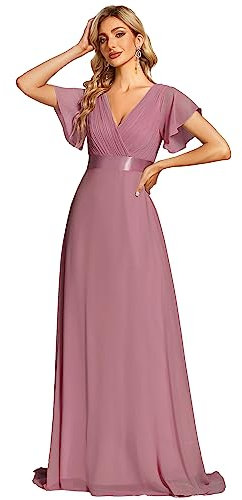 Ever-Pretty Robe De Soirée Style Long Manches Volantées Col en V Jupe Trapèze Robe Femme Chic Et Elegant Orchidée 44