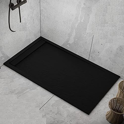 Plato de ducha negro de mineral mármol con efecto piedra pizarra, serie Lisboa, Slim 3 cm, revestimiento Gelcoat, antideslizante