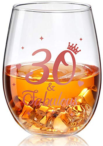 Stammlos Weinglas Roségold Geburtstag Weinglas Geschenk Jubiläum Gläser für Mann Frauen Geburtstag Party Hochzeit Jahrestag Dekorationen, 17 Unzen (30 and Fabulous)