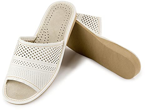 Nowo Damen Pantoletten Hausschuhe Weiß Pantoffeln aus Leder Hauspatschen Haus Schuhe Slipper Sandale Ledersandalen 36