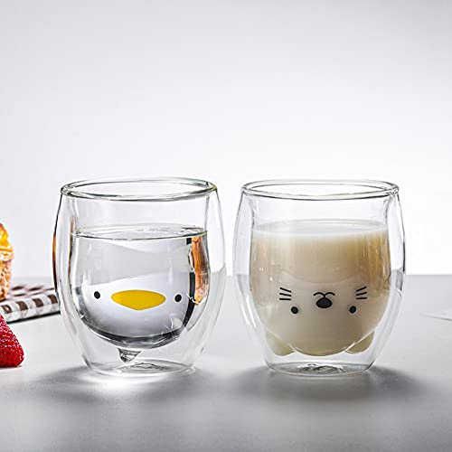 Tasse à café mignonne Tasse à thé chat,URMAGIC 2 pcs Tasses en verre isolées à double paroi,250 ml Tasse à expresso transparente motif chat/canard,tasse en verre transparent,tasse à lait