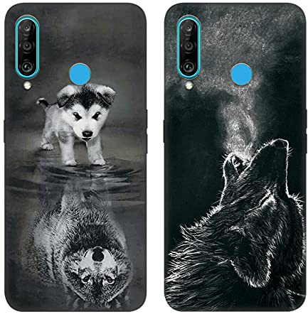 DiaryTown 2 Pack für Huawei P30 Lite Hülle, Ultra Dünn Silikon Bumper Schutzhülle Stoßfest mit Muster Motiv Schwarz Handyhüllen Weich TPU Cover für Huawei P30 Lite - Hund & Wolf