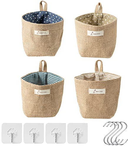 Haoh 4 Sac de Rangement Suspendu et Lin Avec Poignée en S et Crochet en J Paniers de Rangement Pliables Pour Jouets, Maquillage, Petites Affaires, Clés, Papier Toilette, Plantes en pot
