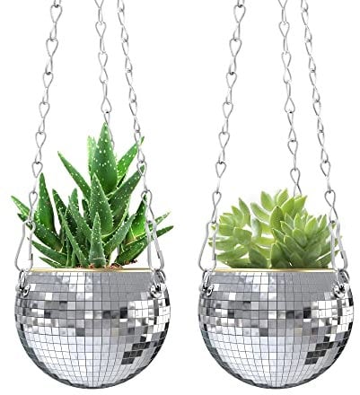moonoom 2 macetas Plateadas de Bola de Discoteca con Cadena, Maceta Colgante Bohemia para el hogar, macetas Colgantes de Bola de Espejo de 4 Pulgadas para Plantas de Interior y Exterior
