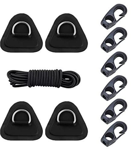 Dreieck Edelstahl D-Ring Pad Patch mit Bungee Cord und Clips Kit für PVC Aufblasbare Boot Schlauchboot Kajak Kanu SUP (Schwarz 4 Packs)