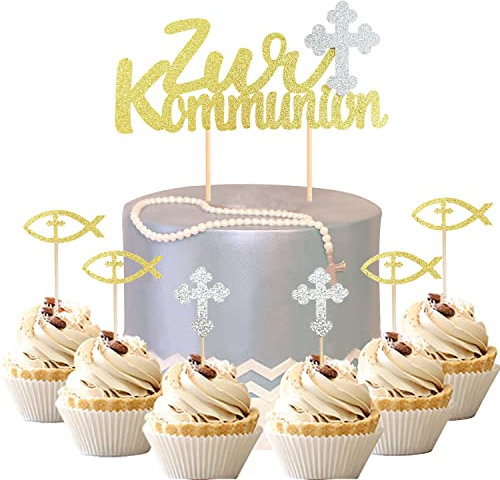 13 Stück Zur Kommunion Torten Topper,Junge Mädchen Taufe Tortendeko Fische Streudeko Kreuz Kuchendekoration Taufe Kuchendekoration Taufe Cupcake Dekoration für Junge Mädchen(Golden)