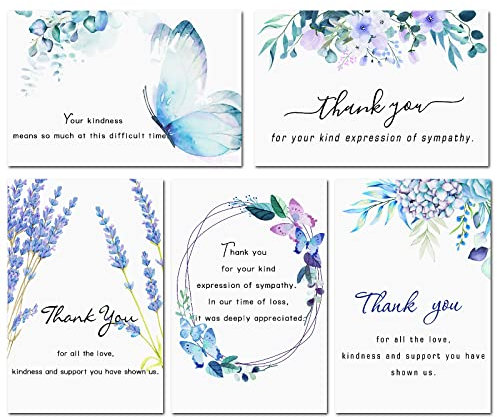 Hunanyume Dankeskarten für Beerdigungen, Aufkleber und Nachricht innen, 10,2 x 15,2 cm, Aquarell-Blumen, Schmetterlinge, Trauer, Trauer, Dankeskarten für Beerdigung, Familie, Freunde, Lieben, 50 Stück