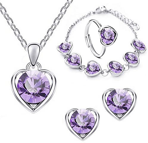 TOFBS 4 Stück Herz Kristall Schmuck Set Anhänger Halskette Armband Ohrringe und Ringe Set für Frauen Mädchen Brautschmuck Set Schmuckset (Violett)