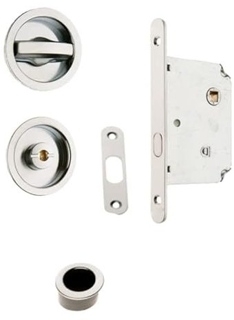 bricoleva.it Kit Serratura Porta Scorrevole Rosetta Tonda Con Nottolino, Maniglia con Serratura per Porta Scorrevole (Colore Cromo Lucido)