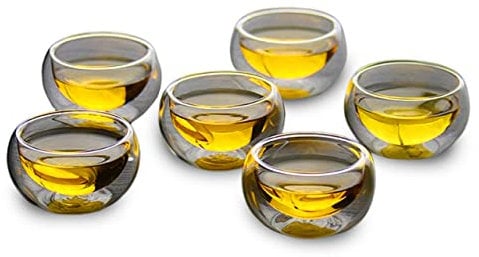 Green Globe Set of 6, Clear Double-Walled Glass Tea and Coffee Cups 50ML /1.7oz, Teacups Ideal Mugs for Tea and Sake