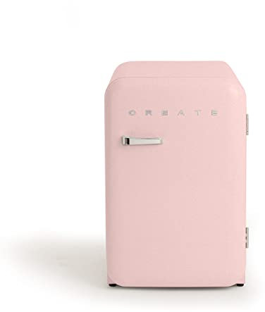 CREATE / RETRO FRIDGE 83.5 SILVER/Kühlschrank in Pastellrosa, Griff Silber / 98W, niedriger Verbrauch, 2 Ablagen, Temperaturregler, Flaschenhalter, 56x54x84cm