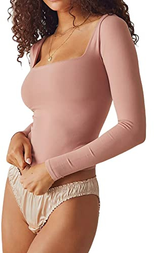 Crop Tops for Women Square Neck Long Sleeve Tops Basic Skinny Crop Top Slim Fitted Blouse Sexy Tee Tops for Women