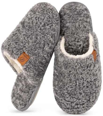 EverFoams Damen Scuff Hausschuhe Gemütlich Weiches Flauschiges Kunstalpaka Memoryschaum Leichte Rutschfeste Pantoffeln Grau, 36-37 EU