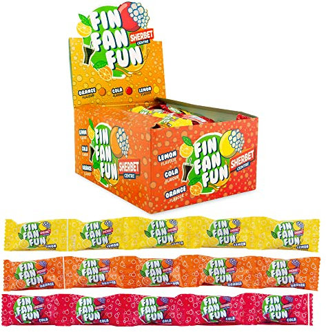 Caramelos Cerdán - Caramelos FIN FAN FUN | Estuche con 225 Unidades (45 Tiras x 5 Caramelos) | Limón, Naranja y Cola Relleno de Soda | Sin Gluten ni Alérgenos | Ideal para Fiestas y Cumpleaños