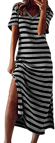 Sommerkleid Damen Lang Kurzarm T Shirt Kleid Damen Sommer Maxikleid Damen V Ausschnitt Streifen Lässiges Locker Langes Kleider mit Schlitz Shirtkleider Strandkleid Freizeitkleid