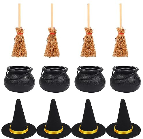 XNHIU 12Pcs Witches Broom Cauldron and Hat Mini Broom Decoration Black Witch Bucket Mini Witch Hat Halloween Decoration Set DIY Crafts Accessories Halloween Party Supplies